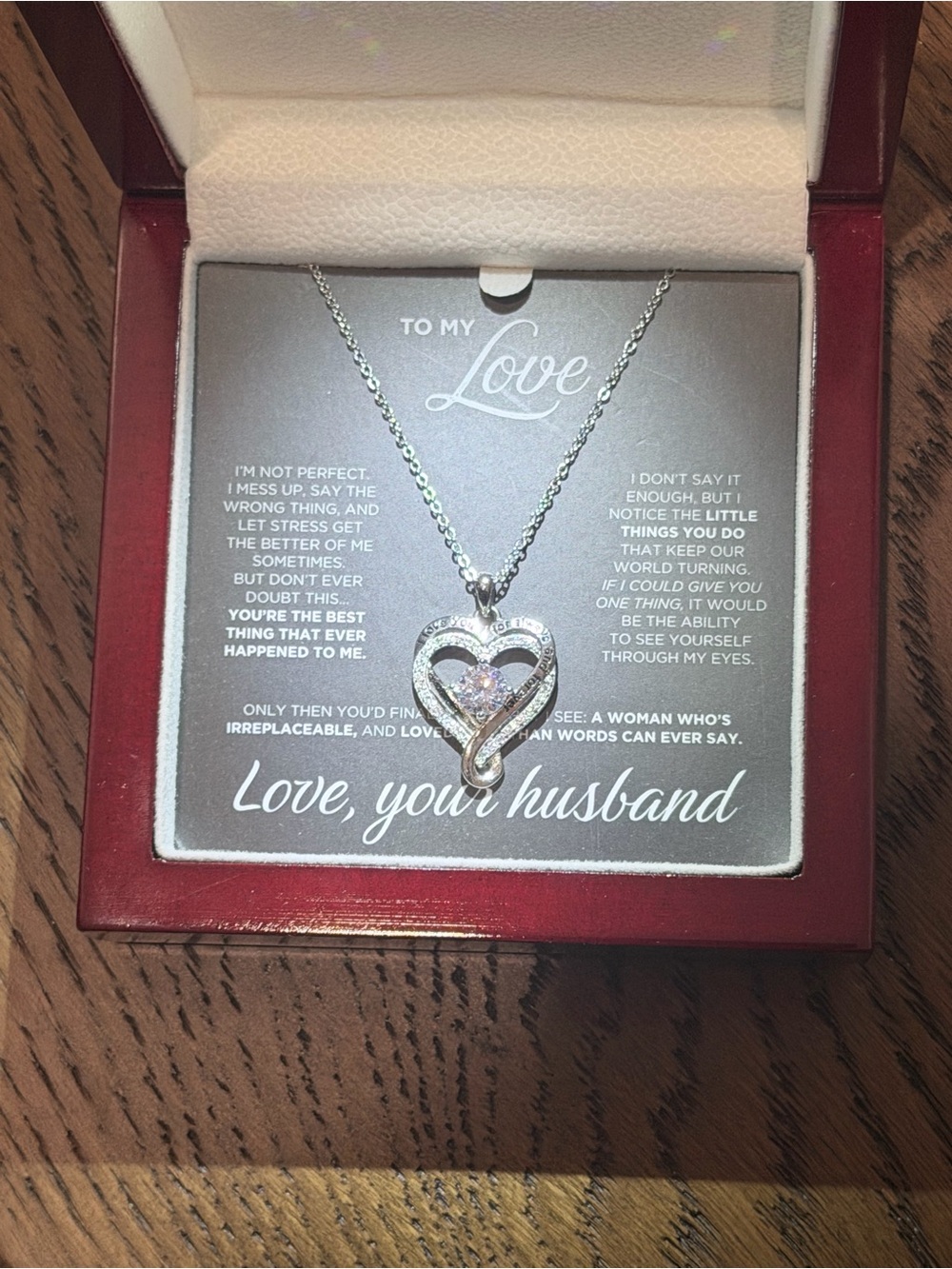 Silver Heart Pendant Necklace with Clear Stone - Love, your husband